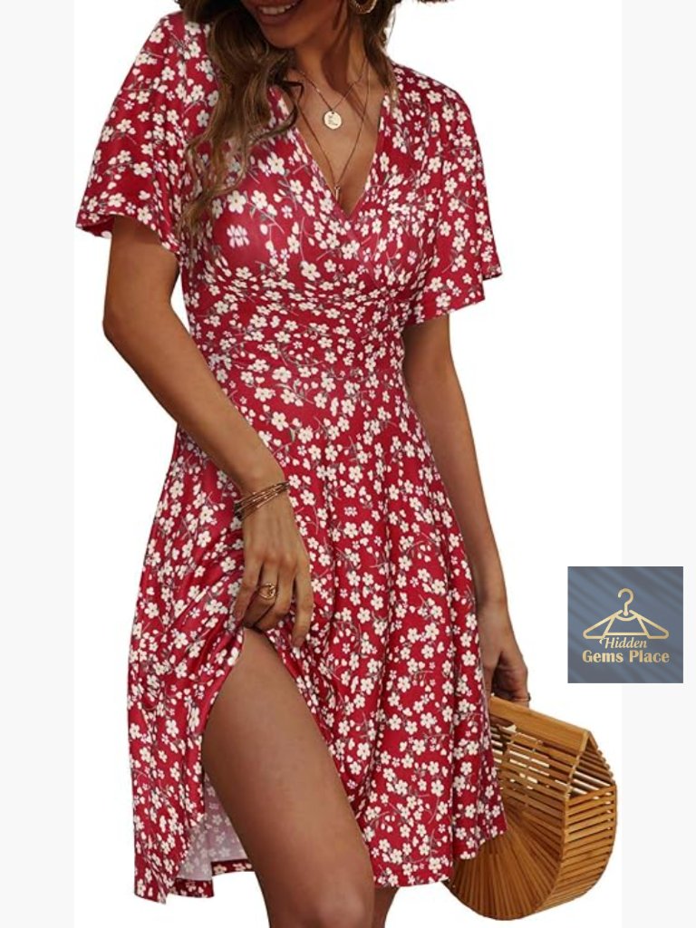 Floral Wrap Sundress With Ruffle Sleeves, A-Line Midi Dress For Summer